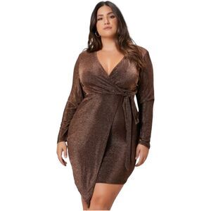 SHEIN BAE Bronze Plus Surplice Neck Wrap Knot Glitter Dress
